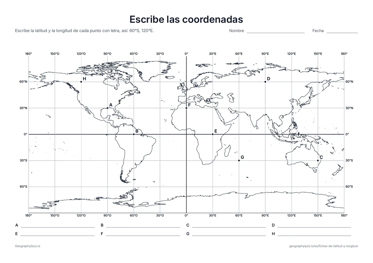 Vista previa de la ficha para imprimir «Escribe las coordenadas»: Ocho puntos con letra donde se cruzan las líneas