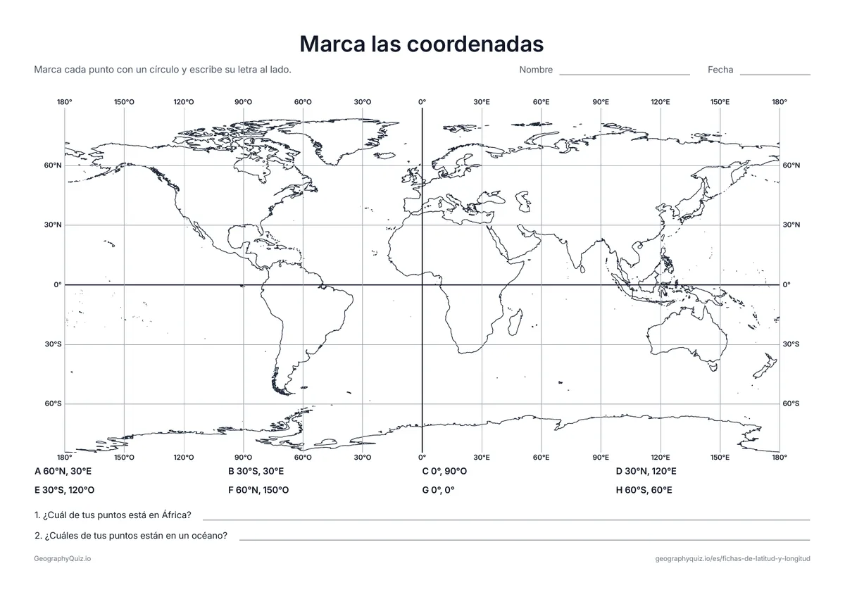 Vista previa de la ficha para imprimir «Marca las coordenadas»: Ocho coordenadas para marcar en una cuadrícula del mundo y dos preguntas sobre dónde caen los puntos