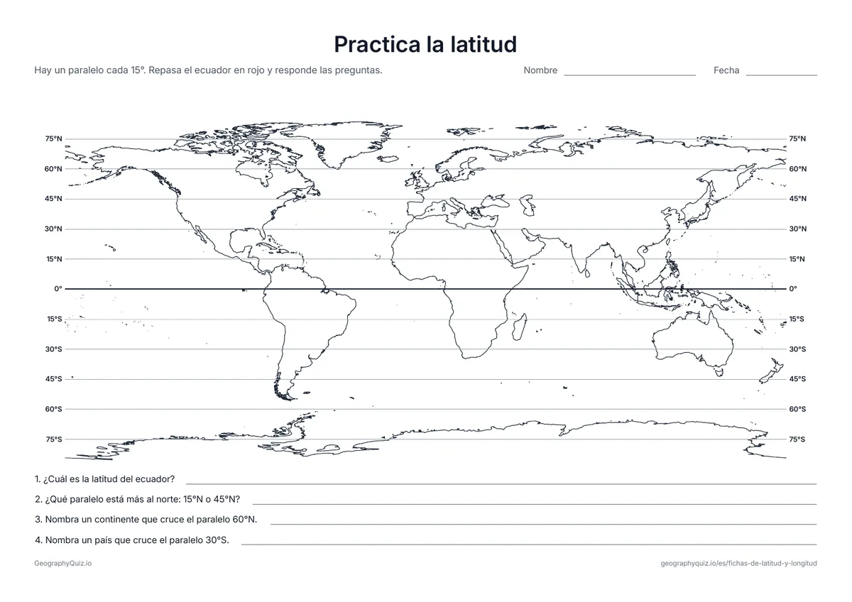 Vista previa de la ficha para imprimir «Practica la latitud»: Un mapa del mundo con un paralelo cada 15°, rotulado en los dos extremos, y cuatro preguntas para aprender a leerlos