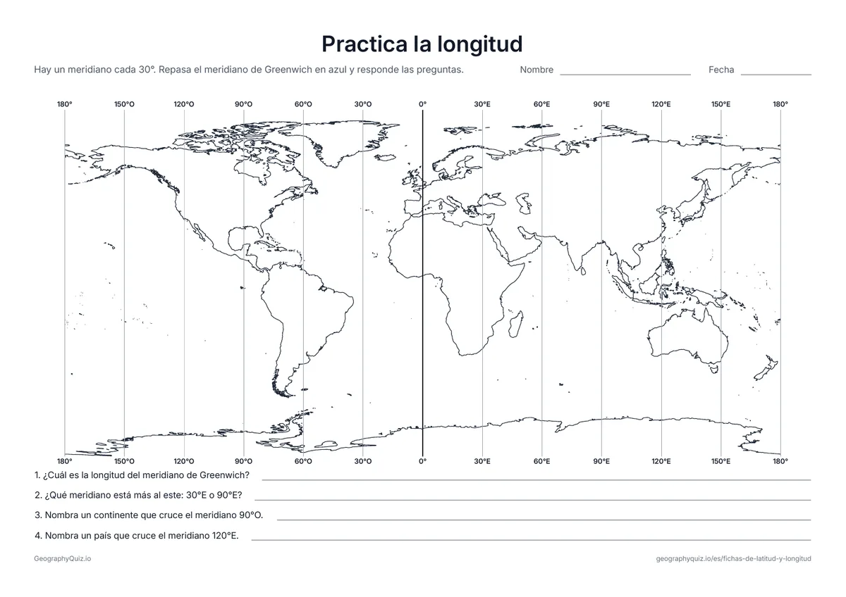 Vista previa de la ficha para imprimir «Practica la longitud»: Un mapa del mundo con un meridiano cada 30°, rotulado arriba y abajo, y cuatro preguntas para aprender a leerlos