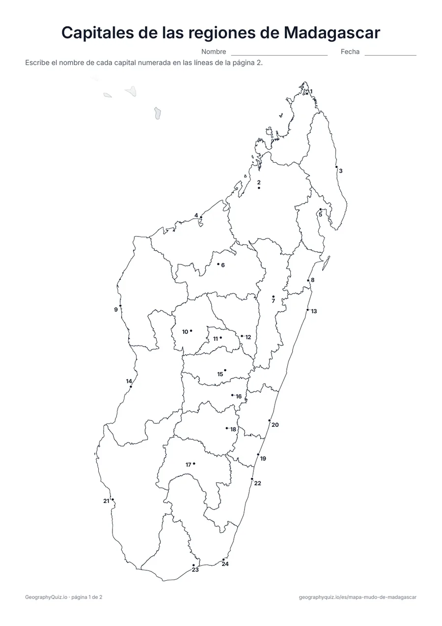 Vista previa de la ficha para imprimir «Capitales de las regiones de Madagascar»
