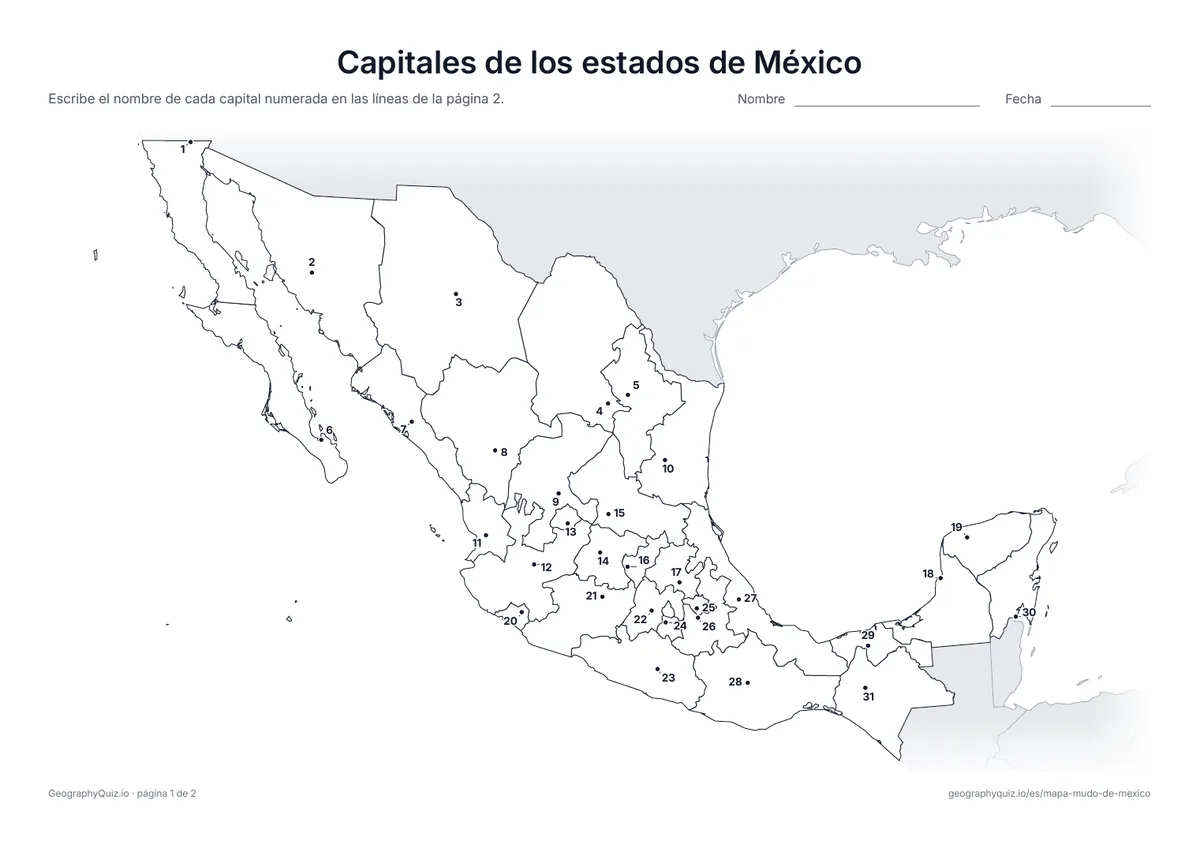 Vista previa de la ficha para imprimir «Capitales de los estados de México»
