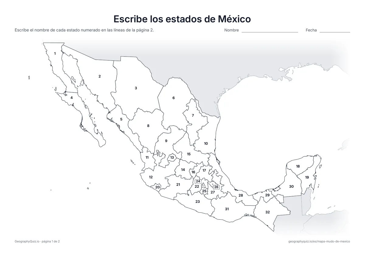 Vista previa de la ficha para imprimir «Escribe los estados de México»