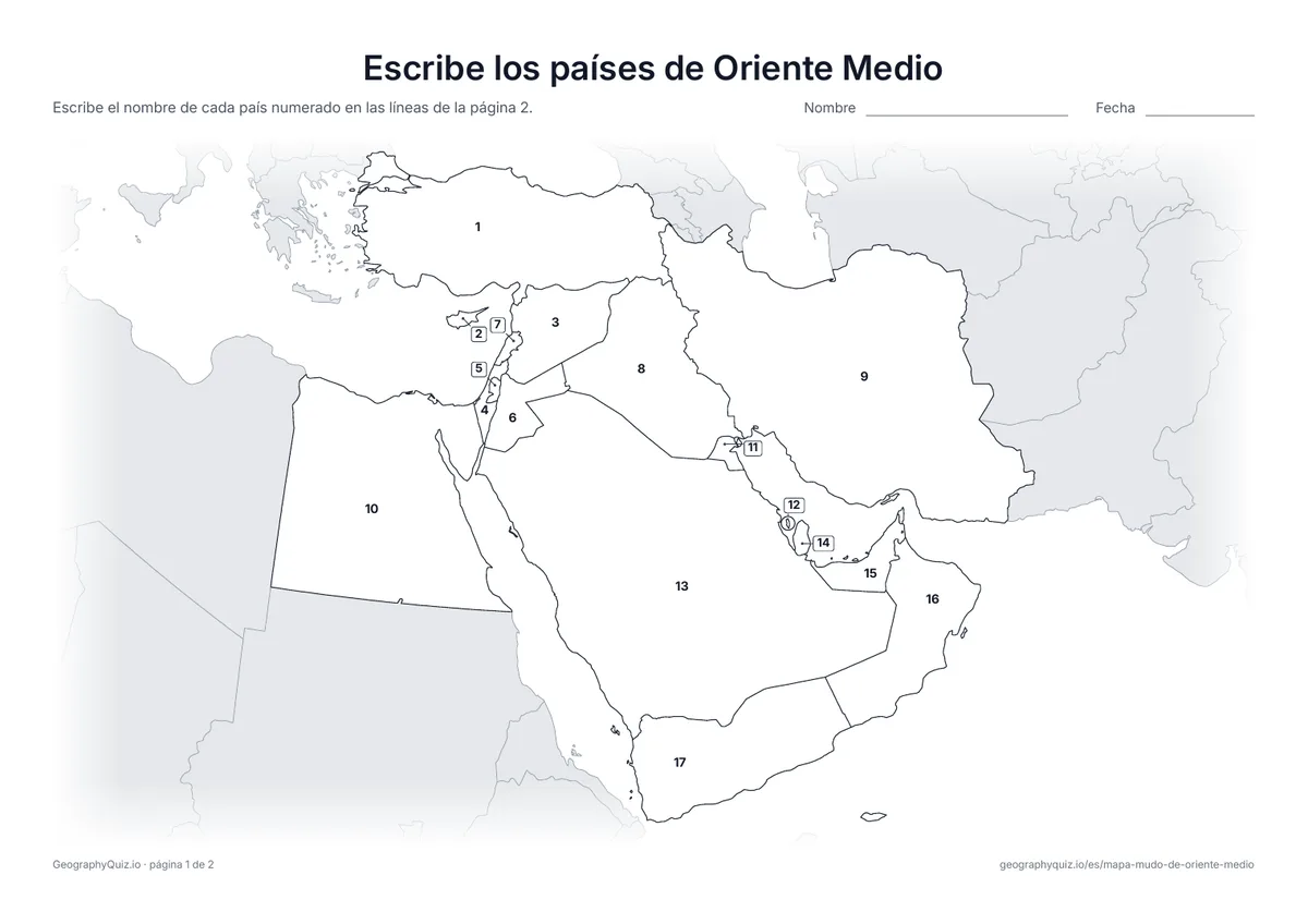 Vista previa de la ficha para imprimir «Escribe los países de Oriente Medio»