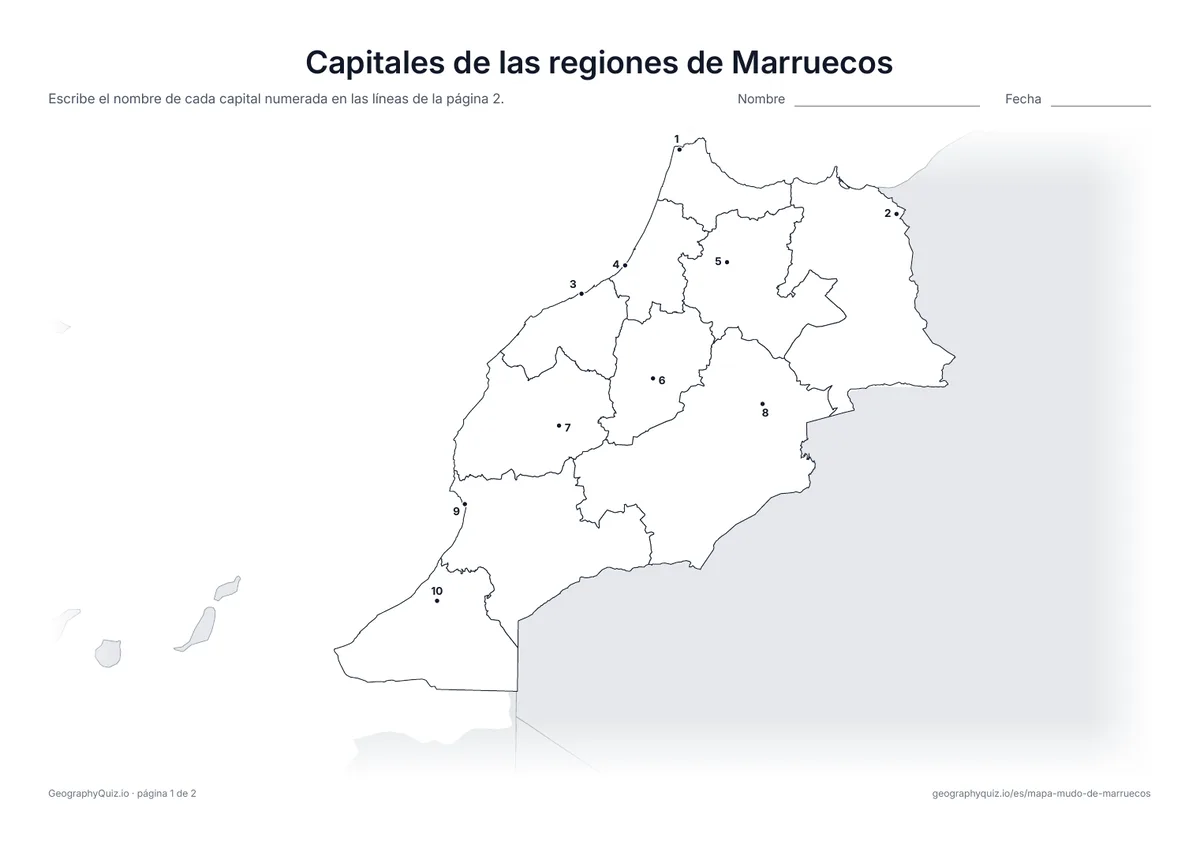 Vista previa de la ficha para imprimir «Capitales de las regiones de Marruecos»
