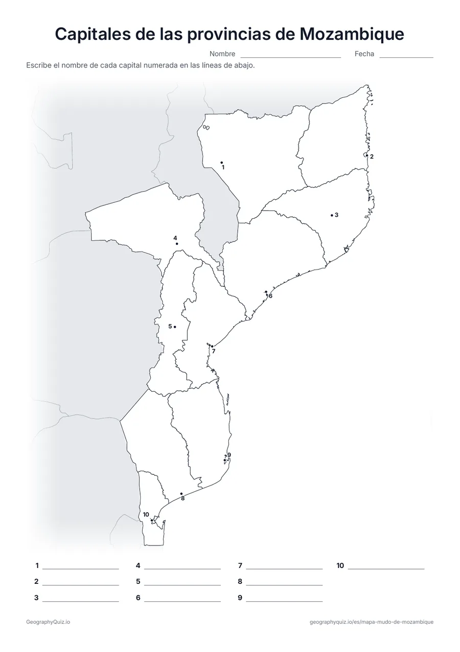 Vista previa de la ficha para imprimir «Capitales de las provincias de Mozambique»