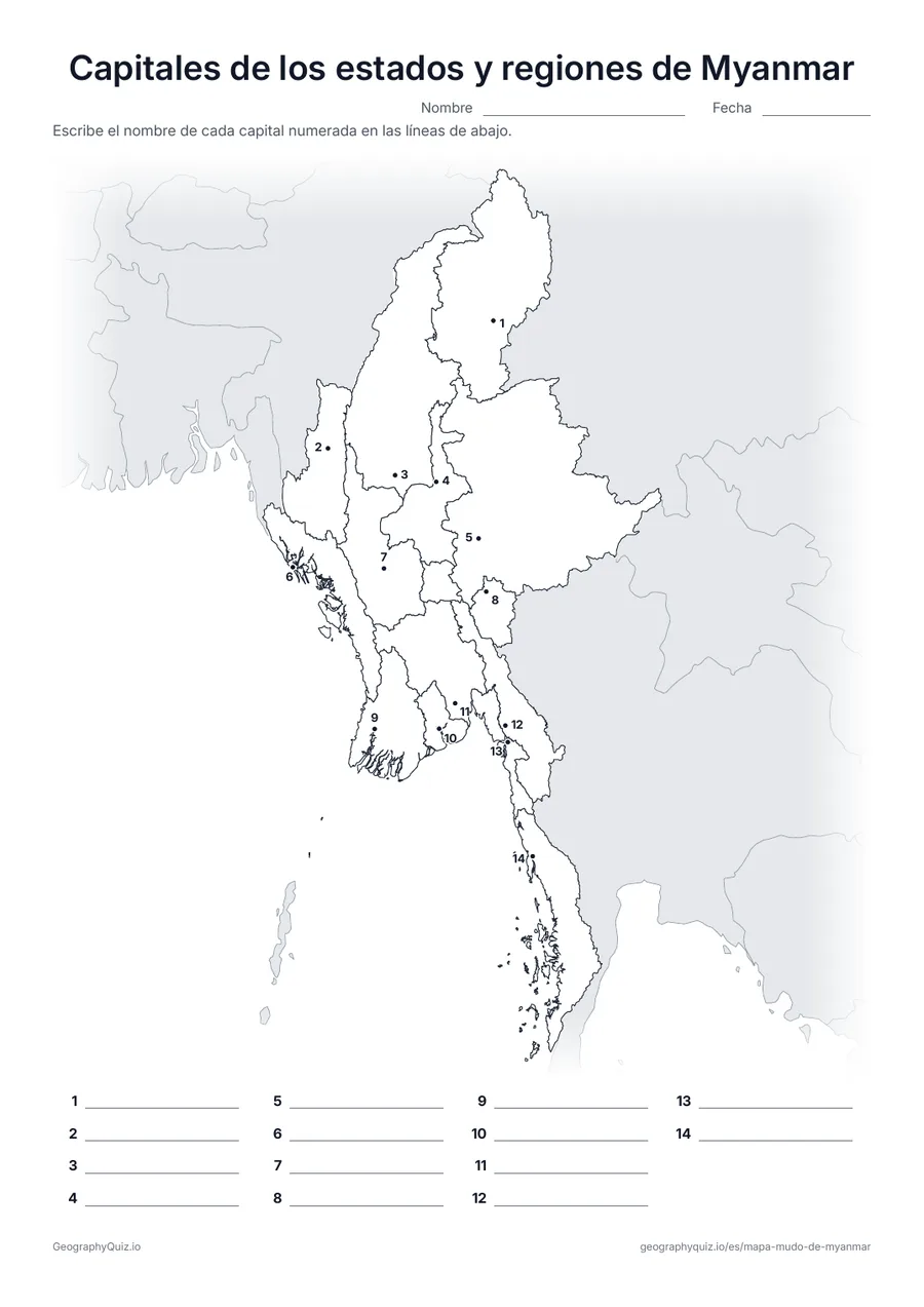 Vista previa de la ficha para imprimir «Capitales de los estados y regiones de Myanmar»