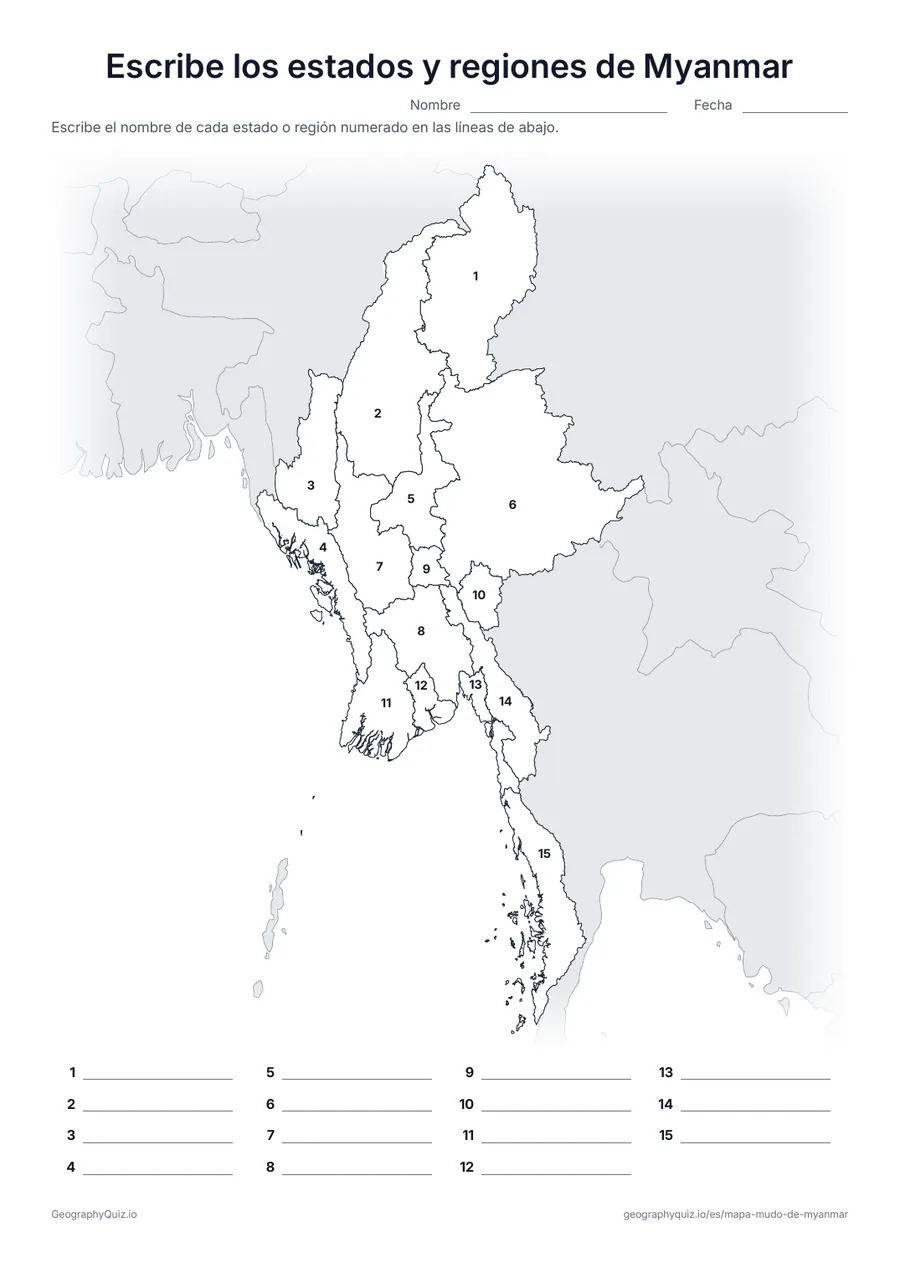 Vista previa de la ficha para imprimir «Escribe los estados y regiones de Myanmar»