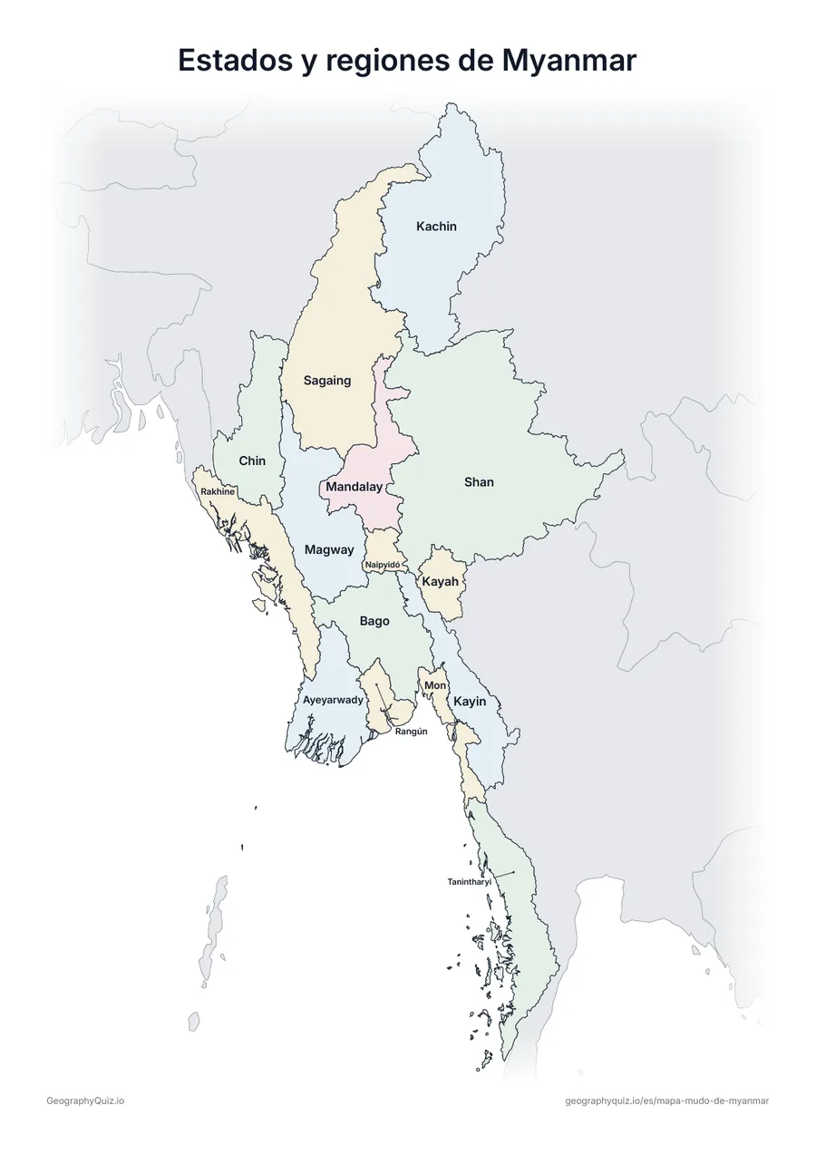 Vista previa de la ficha para imprimir «Estados y regiones de Myanmar»