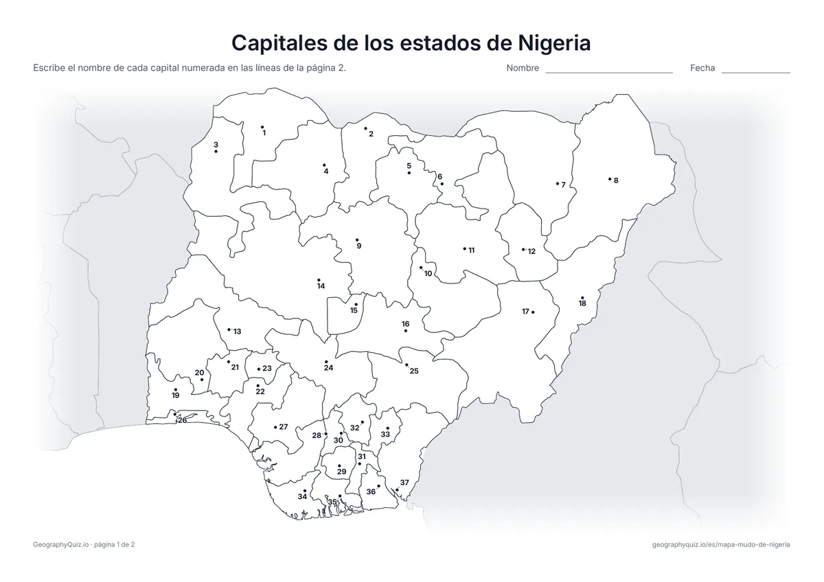 Vista previa de la ficha para imprimir «Capitales de los estados de Nigeria»