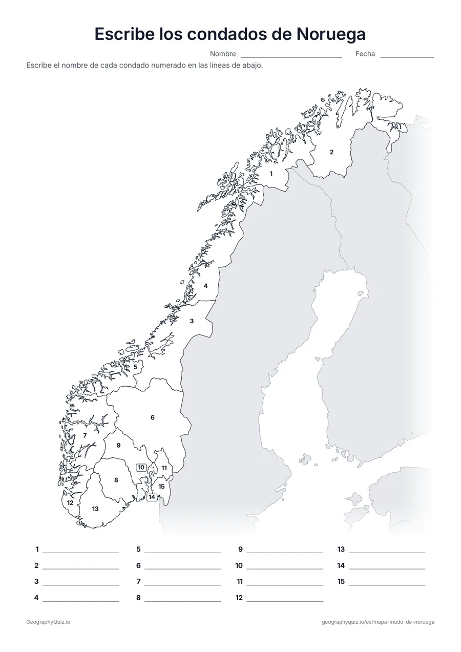 Vista previa de la ficha para imprimir «Escribe los condados de Noruega»