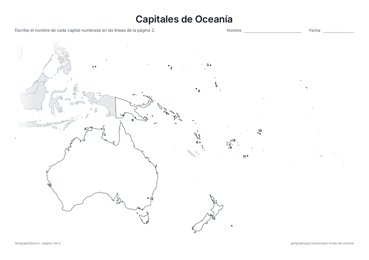 Vista previa de la ficha para imprimir «Capitales de Oceanía»