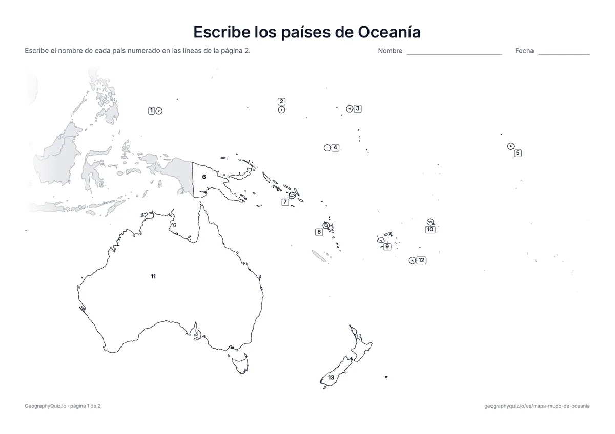 Vista previa de la ficha para imprimir «Escribe los países de Oceanía»