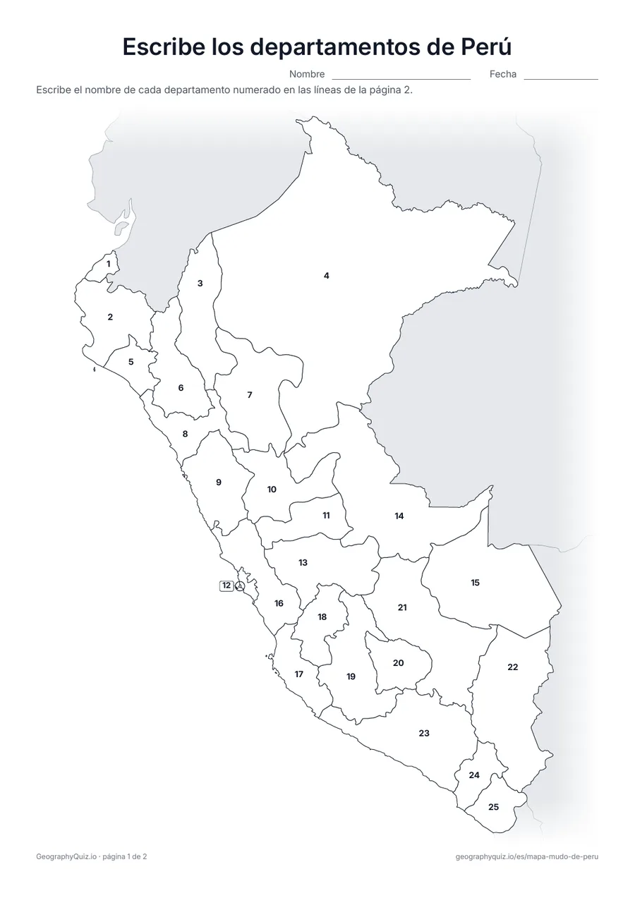 Vista previa de la ficha para imprimir «Escribe los departamentos de Perú»