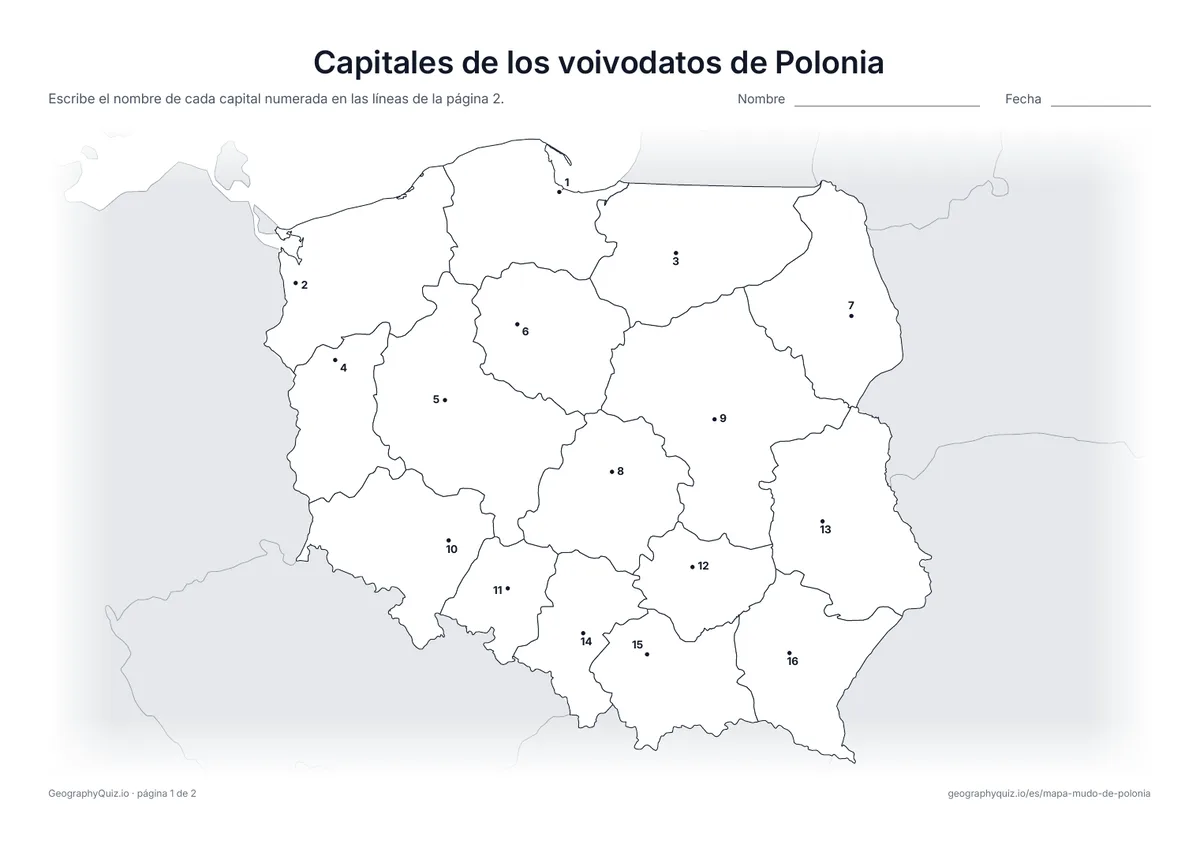 Vista previa de la ficha para imprimir «Capitales de los voivodatos de Polonia»