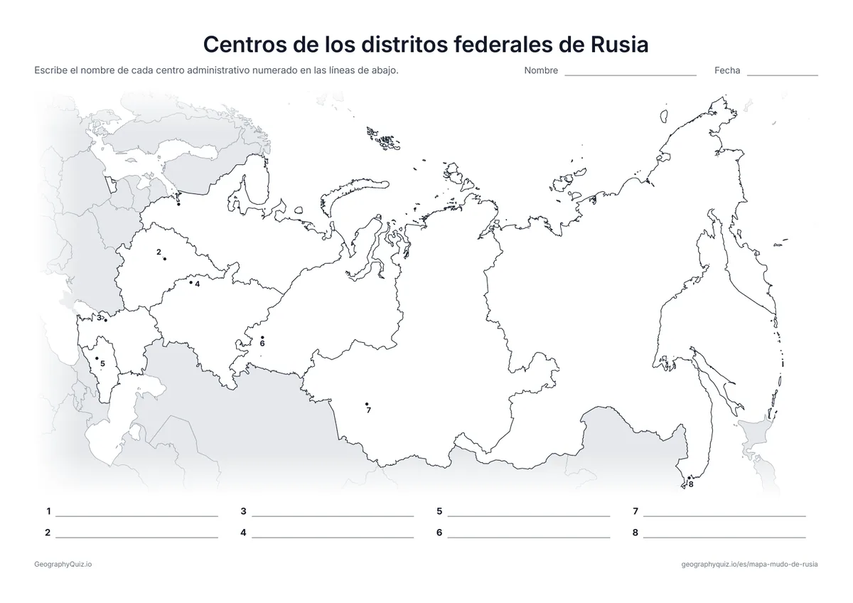 Vista previa de la ficha para imprimir «Centros de los distritos federales de Rusia»