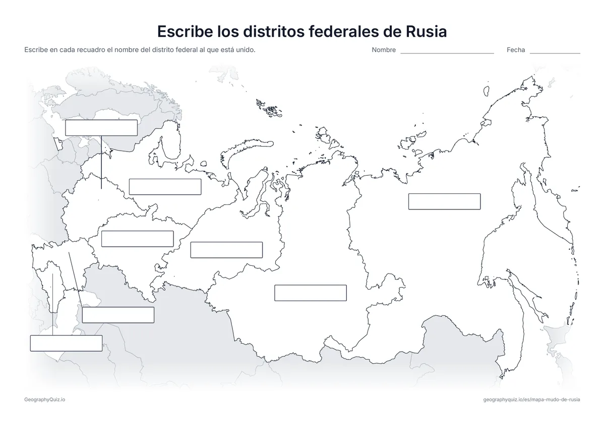 Vista previa de la ficha para imprimir «Escribe los distritos federales de Rusia»