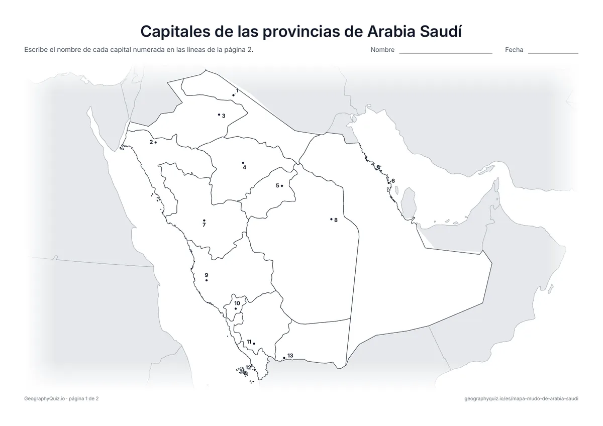 Vista previa de la ficha para imprimir «Capitales de las provincias de Arabia Saudí»