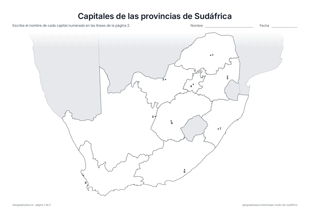Vista previa de la ficha para imprimir «Capitales de las provincias de Sudáfrica»