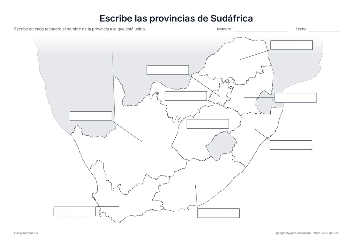 Vista previa de la ficha para imprimir «Escribe las provincias de Sudáfrica»