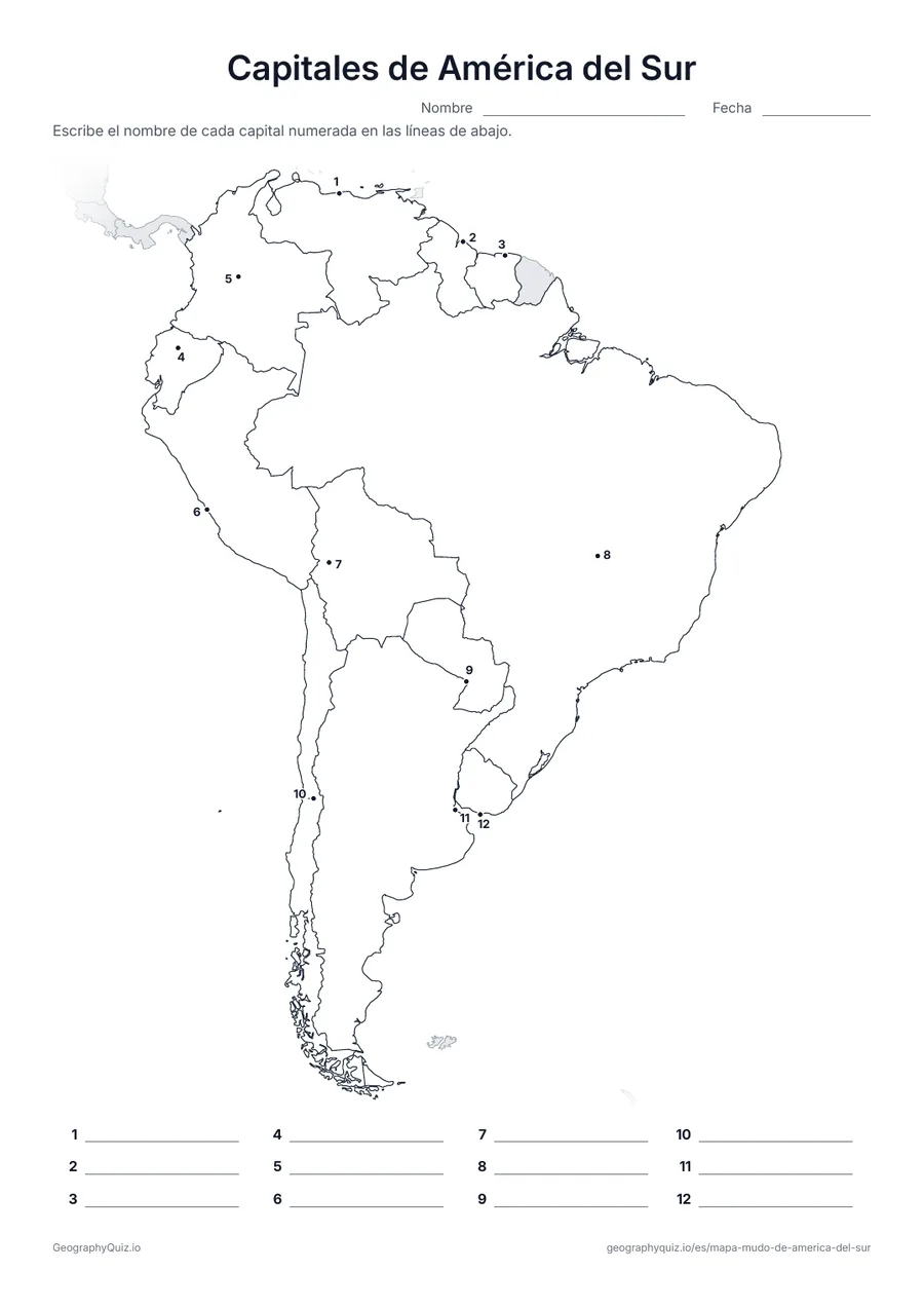 Vista previa de la ficha para imprimir «Capitales de América del Sur»
