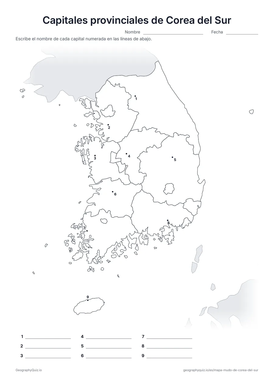 Vista previa de la ficha para imprimir «Capitales provinciales de Corea del Sur»