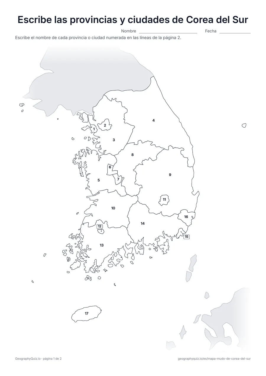 Vista previa de la ficha para imprimir «Escribe las provincias y ciudades de Corea del Sur»