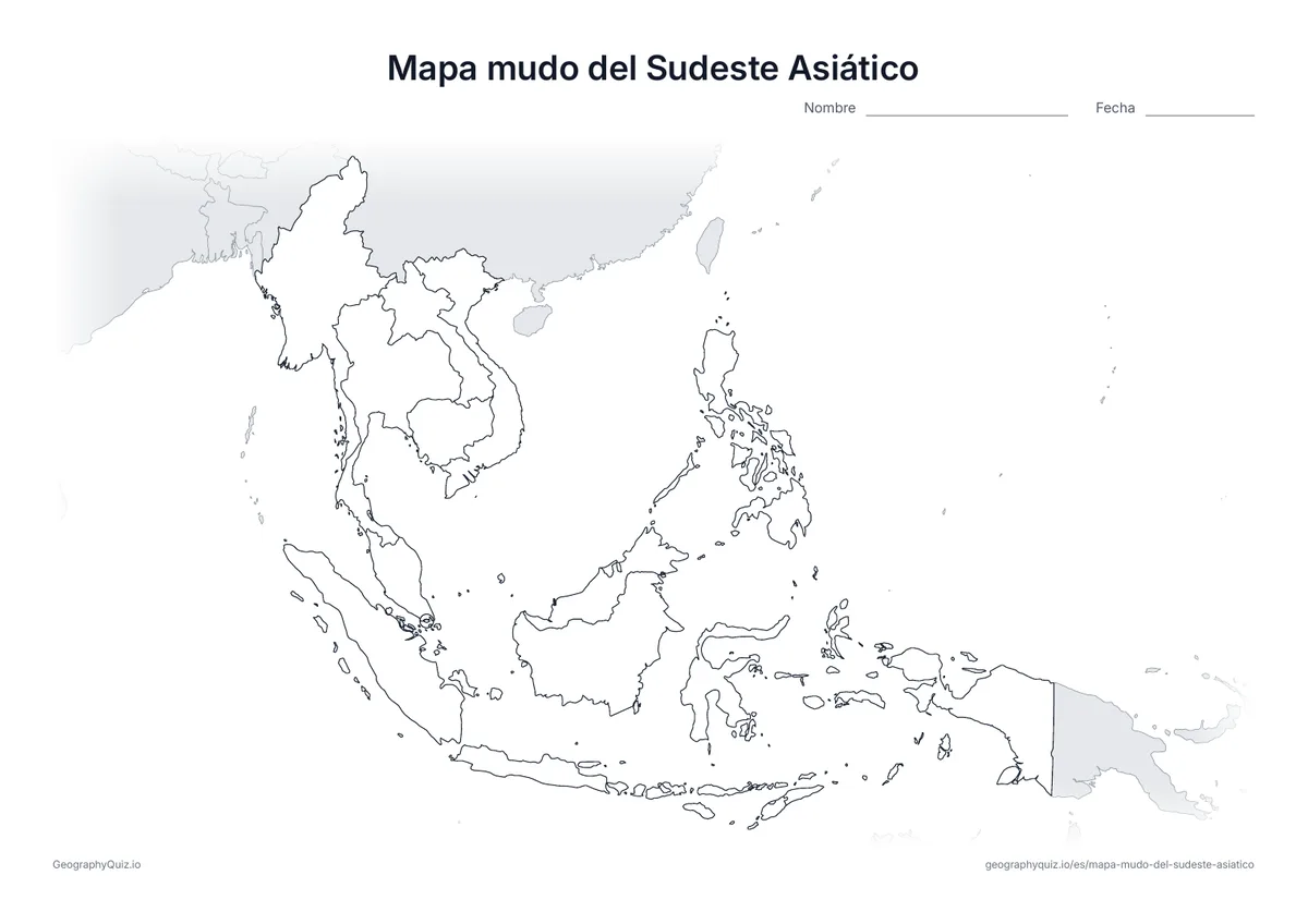 Vista previa del mapa mudo del Sudeste Asiático para imprimir