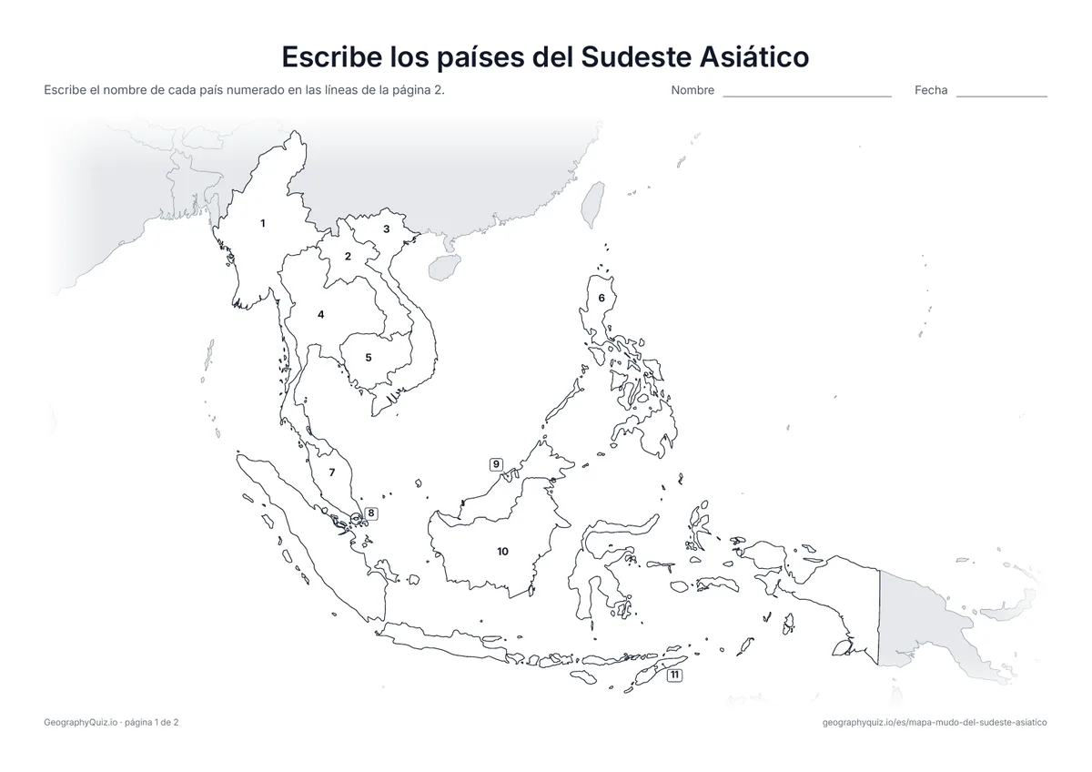 Vista previa de la ficha para imprimir «Escribe los países del Sudeste Asiático»