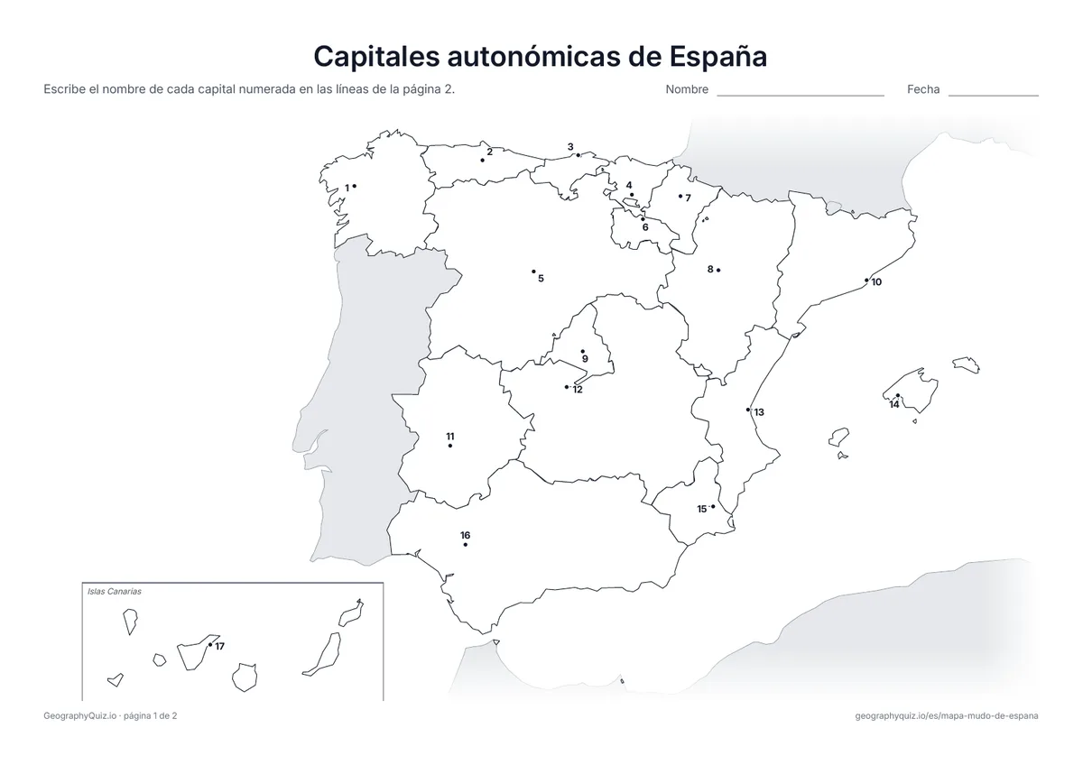 Vista previa de la ficha para imprimir «Capitales autonómicas de España»