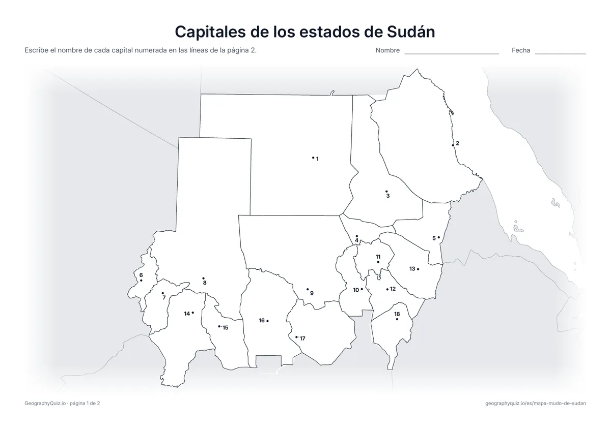 Vista previa de la ficha para imprimir «Capitales de los estados de Sudán»