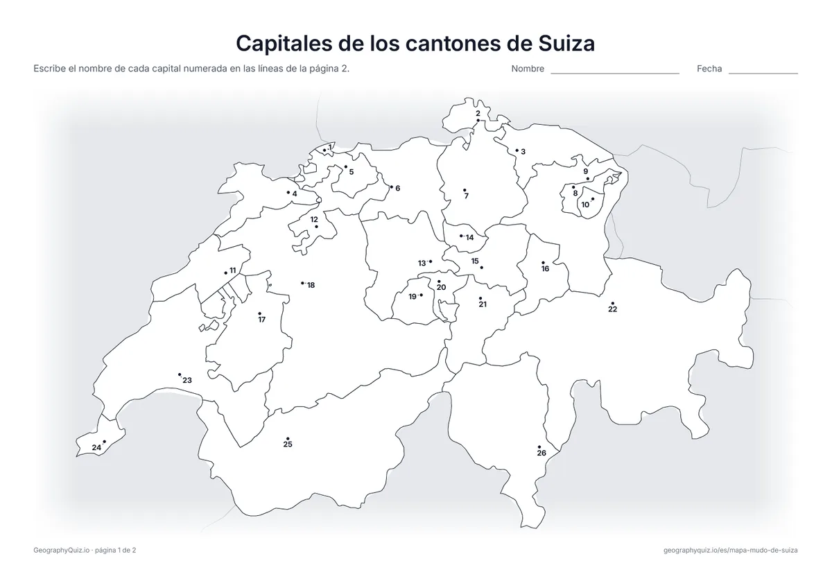 Vista previa de la ficha para imprimir «Capitales de los cantones de Suiza»