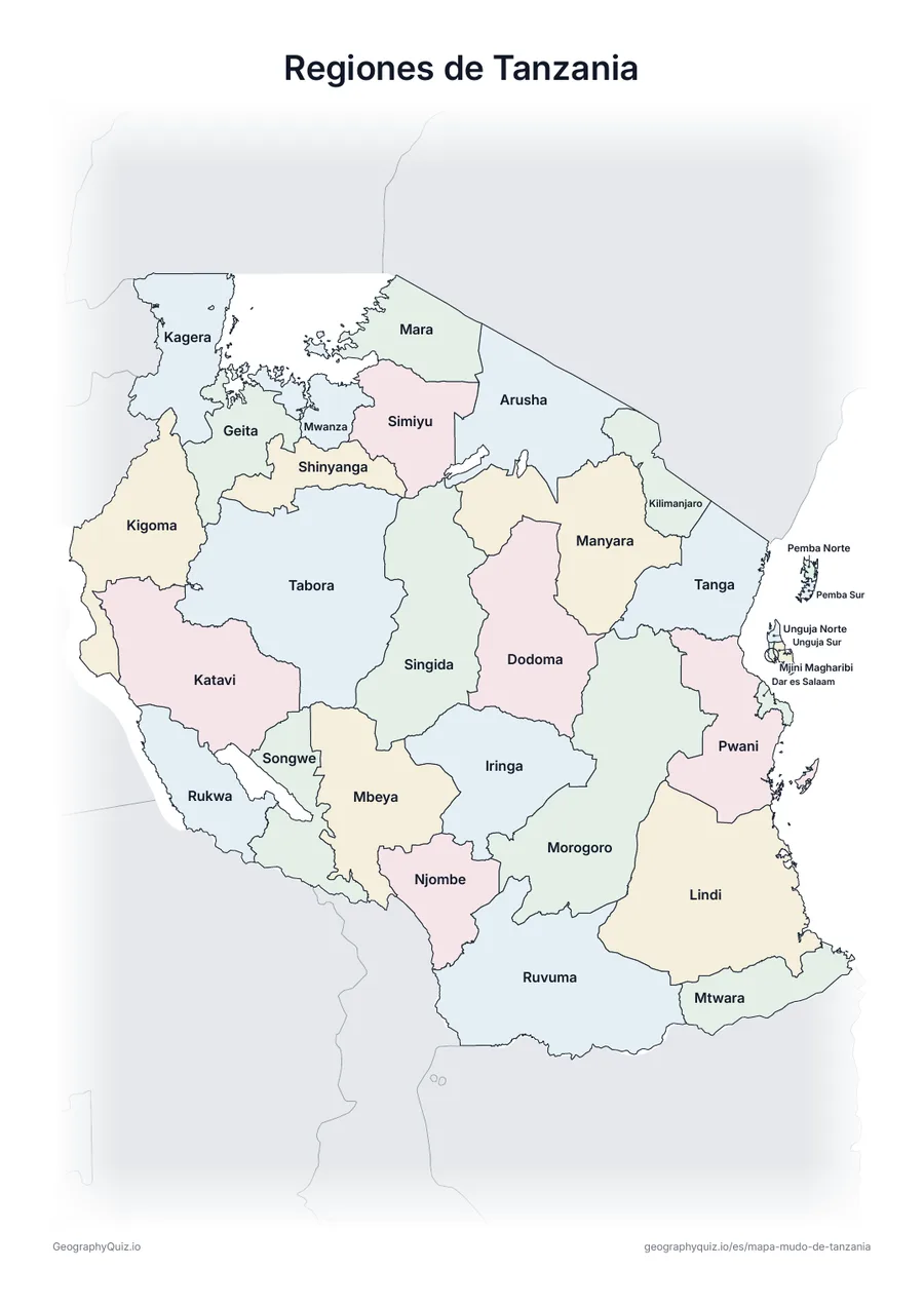 Vista previa de la ficha para imprimir «Regiones de Tanzania»