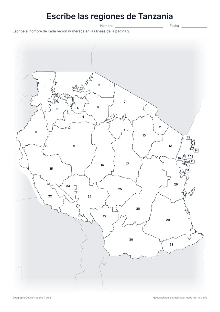 Vista previa de la ficha para imprimir «Escribe las regiones de Tanzania»