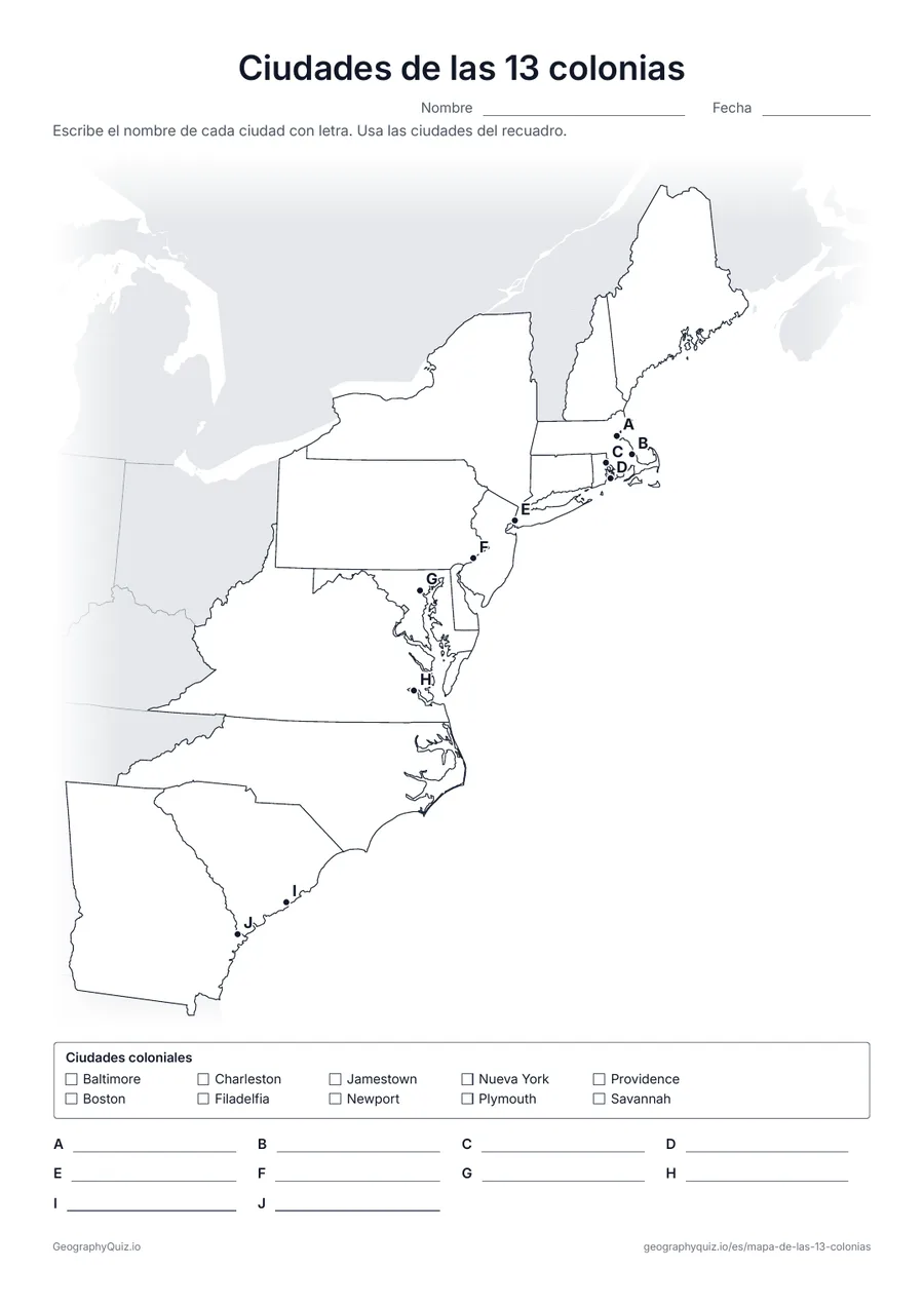 Vista previa de la ficha para imprimir «Ciudades de las 13 colonias»: Diez puntos con letra marcan Jamestown, Plymouth, Boston, Nueva York, Filadelfia, Charleston y otras ciudades coloniales