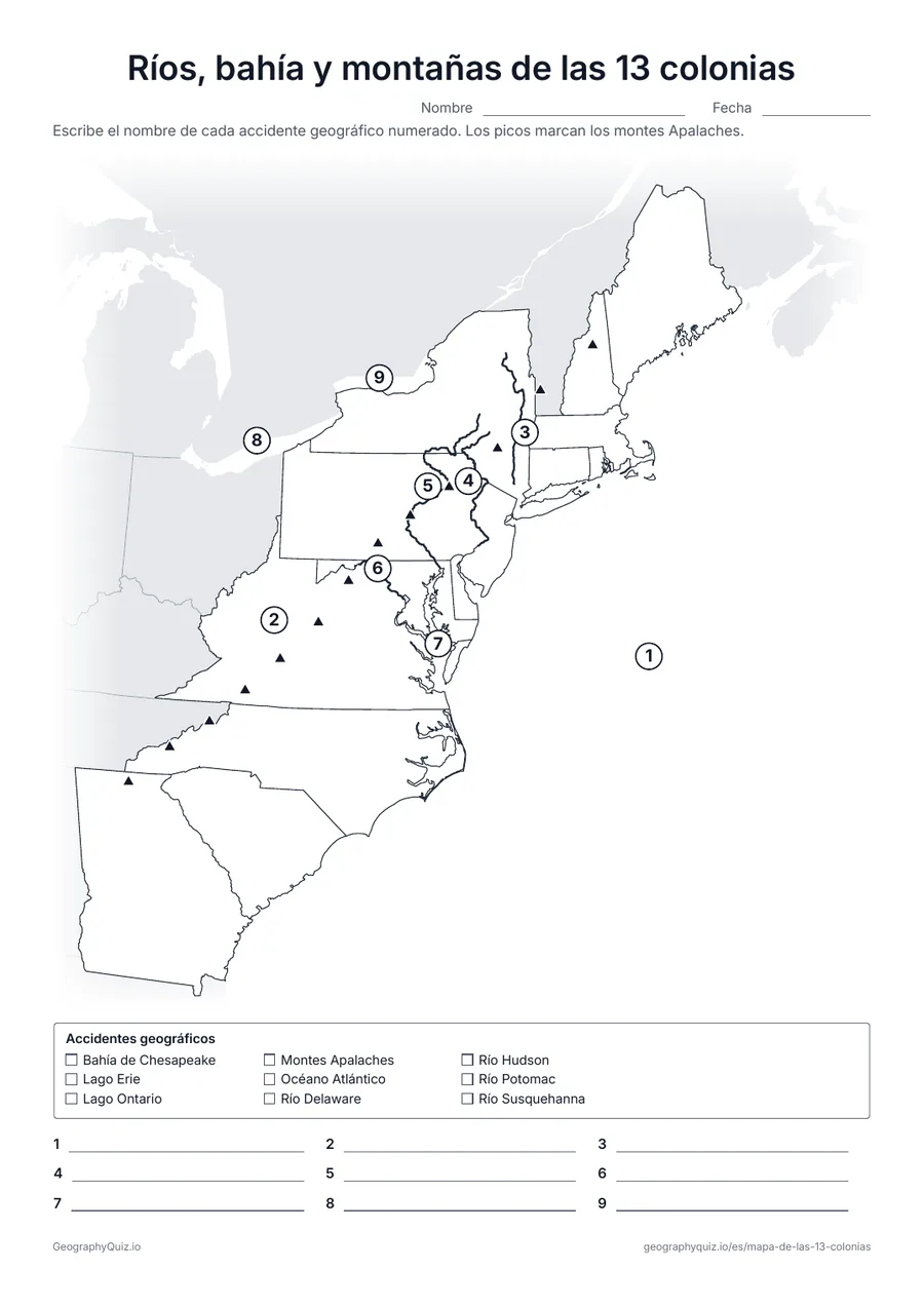 Vista previa de la ficha para imprimir «Ríos, bahía y montañas de las 13 colonias»: El océano Atlántico, los Apalaches, los ríos Hudson, Delaware, Susquehanna y Potomac, la bahía de Chesapeake y dos Grandes Lagos, numerados para rotular