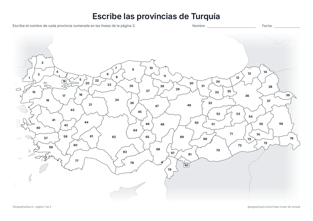 Vista previa de la ficha para imprimir «Escribe las provincias de Turquía»