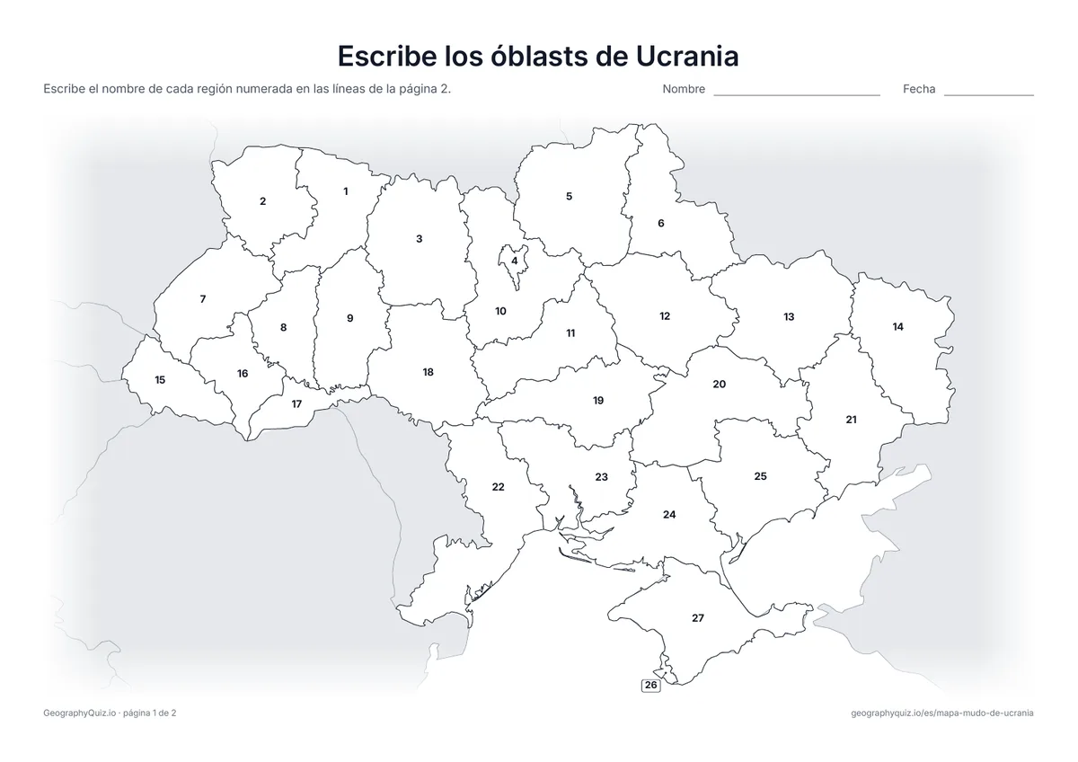 Vista previa de la ficha para imprimir «Escribe los óblasts de Ucrania»