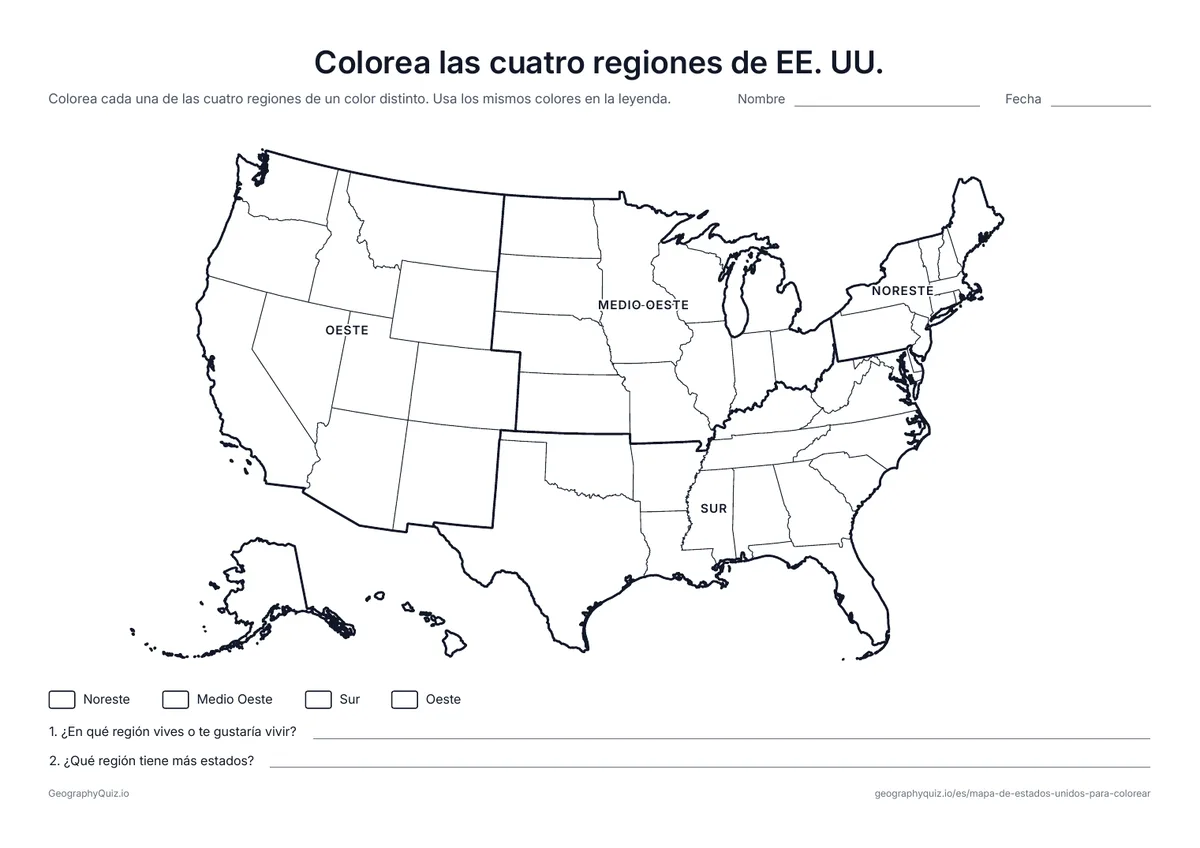 Vista previa de la ficha para imprimir «Colorea las cuatro regiones de EE. UU.»: Unas líneas gruesas dividen el mapa en Noreste, Medio Oeste, Sur y Oeste