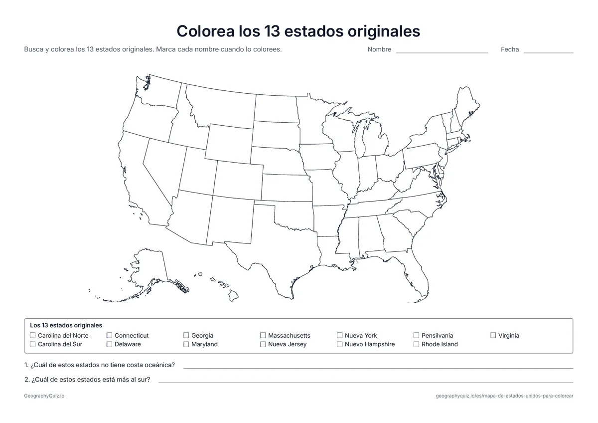 Vista previa de la ficha para imprimir «Colorea los 13 estados originales»: Una lista de los trece estados que nacieron como colonias británicas