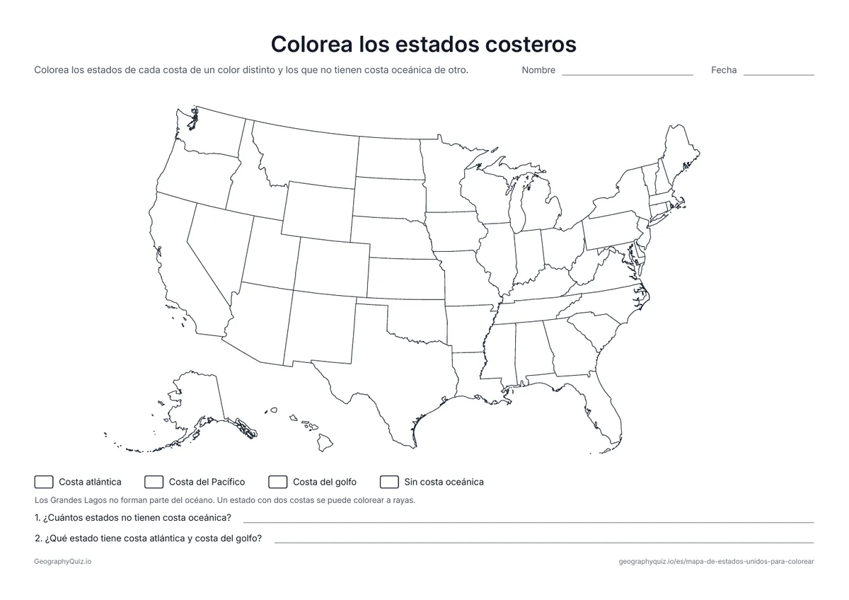 Vista previa de la ficha para imprimir «Colorea los estados costeros»: Los alumnos colorean los estados de la costa atlántica, del Pacífico y del golfo, y los que no tienen costa oceánica