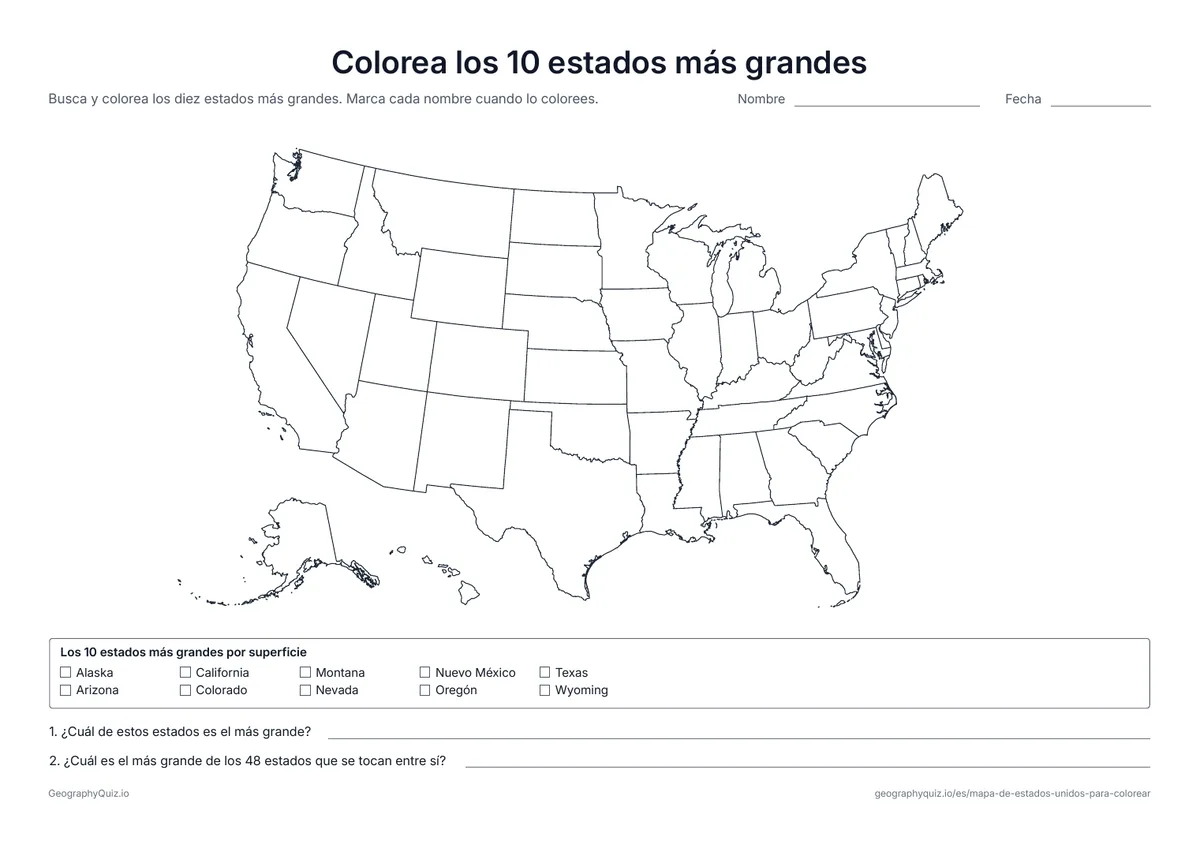 Vista previa de la ficha para imprimir «Colorea los 10 estados más grandes»: Una lista de los diez estados más grandes por superficie