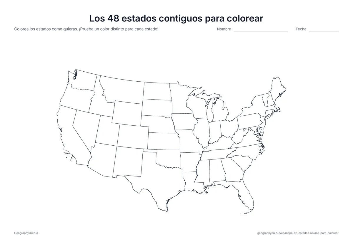 Vista previa de la ficha para imprimir «Los 48 estados contiguos para colorear»: Los 48 estados contiguos en grande, sin Alaska ni Hawái: más espacio para colorear cada estado