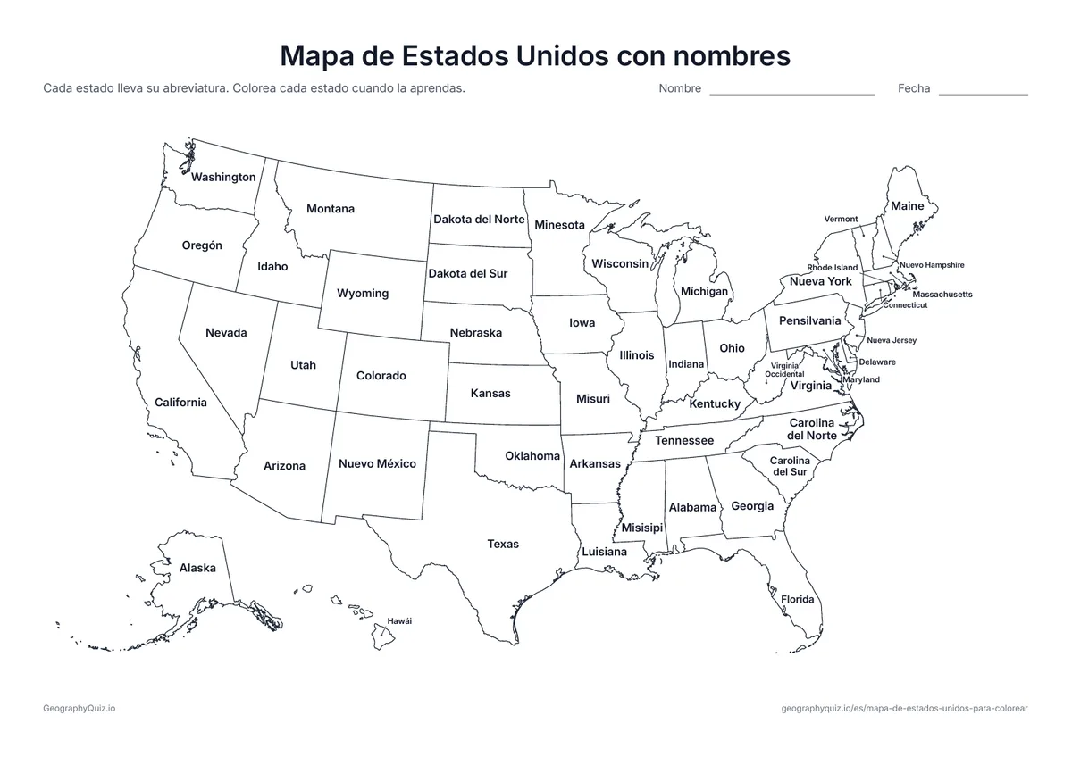 Vista previa de la ficha para imprimir «Mapa de Estados Unidos con nombres»: Cada estado lleva su nombre en el mapa; los estados pequeños del noreste se nombran al lado