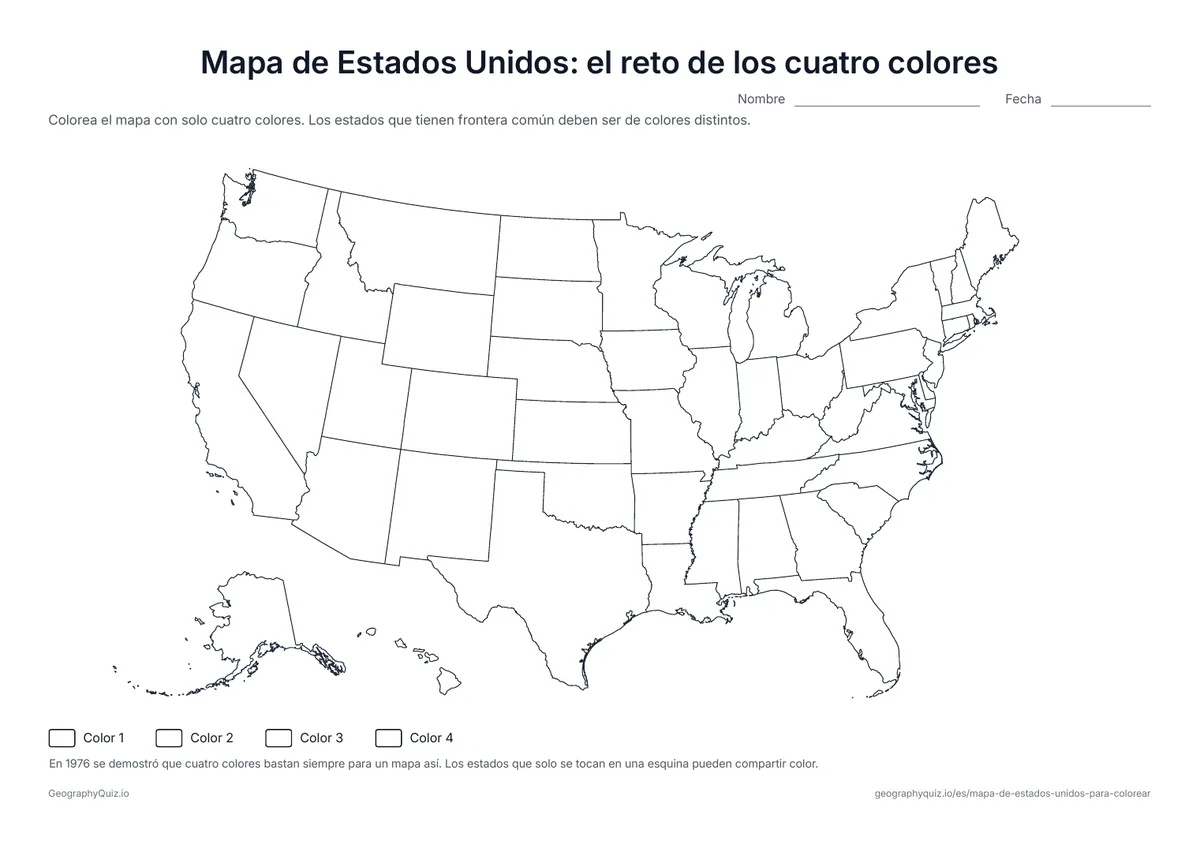 Vista previa de la ficha para imprimir «Mapa de Estados Unidos: el reto de los cuatro colores»: Colorea los 50 estados con solo cuatro colores sin que dos vecinos coincidan: más difícil de lo que parece alrededor de Kentucky y Tennessee