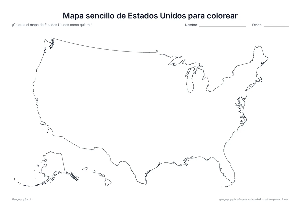 Vista previa de la ficha para imprimir «Mapa sencillo de Estados Unidos para colorear»: El contorno de Estados Unidos sin fronteras entre estados: una sola forma grande, fácil de colorear para los más pequeños