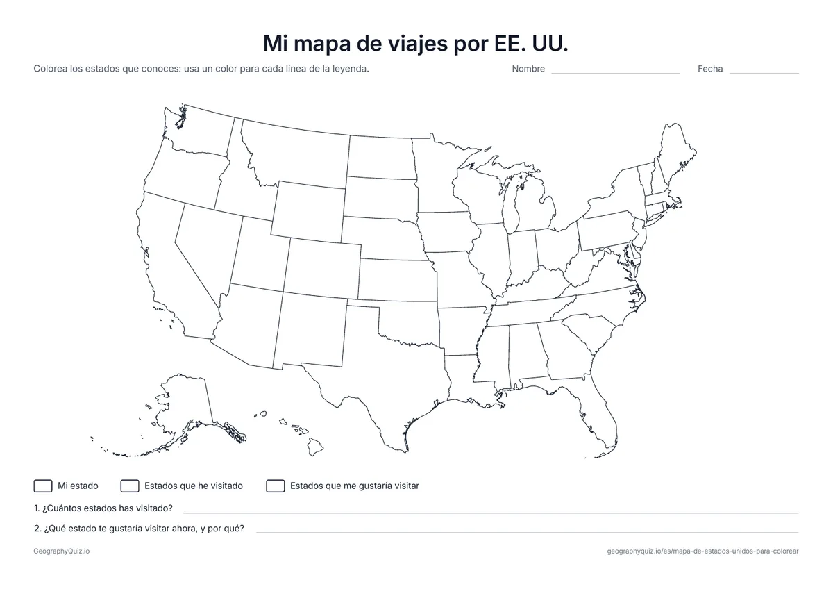 Vista previa de la ficha para imprimir «Mi mapa de viajes por EE. UU.»: Colorea tu estado, los estados que has visitado y los que te gustaría visitar, y responde dos preguntas