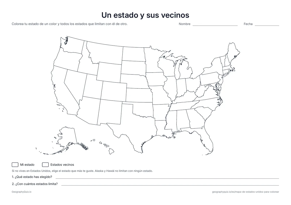 Vista previa de la ficha para imprimir «Un estado y sus vecinos»: Los alumnos colorean un estado y todos los estados que limitan con él, y responden dos preguntas