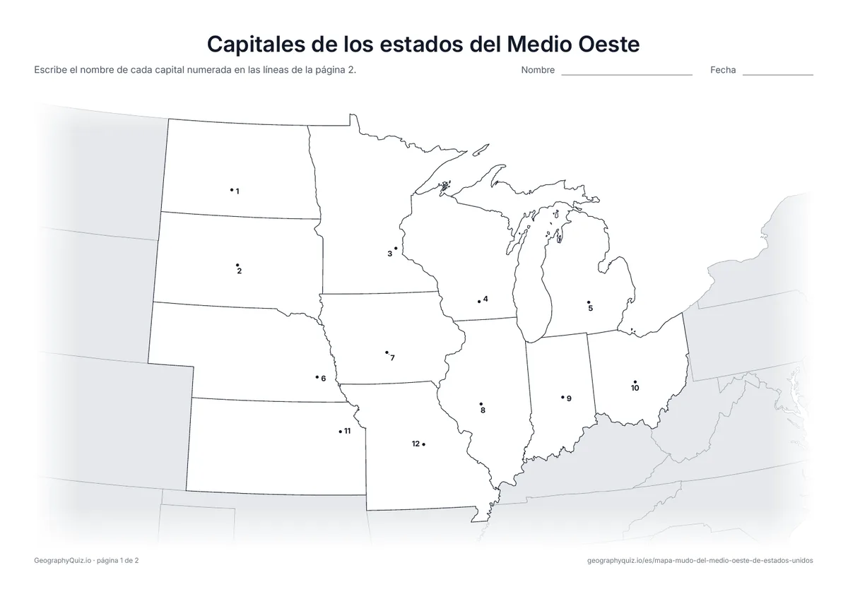 Vista previa de la ficha para imprimir «Capitales de los estados del Medio Oeste»