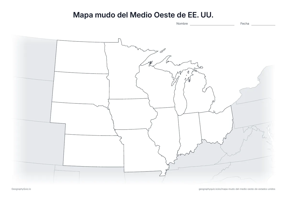 Vista previa del mapa mudo del Medio Oeste de Estados Unidos para imprimir